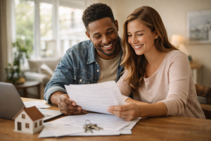Cheerful couple reviewing documents at a table, surrounded by a laptop, a model house, and keys. They appear happy and content.